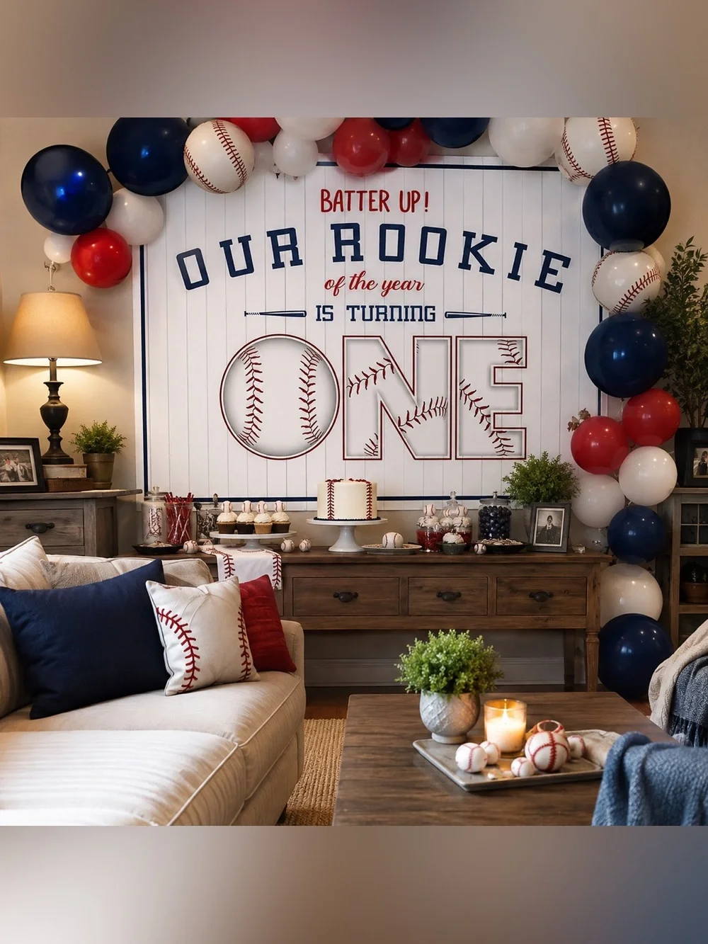 Our Rookie One Blue & Red Baseball Party Backdrop – Party & Event 8x6ft
